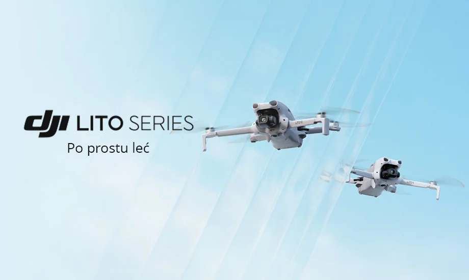 Baner z dwoma dronami na niebieskim tle i napisem DJI LIto Series Po prostu leć