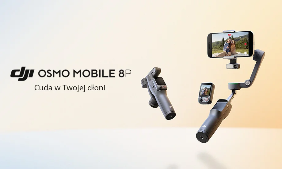 Яскравий банер з написом DJI OSMO MOBILE 8P Cudo в руці, поруч з карданом зі смартфоном і контролером
