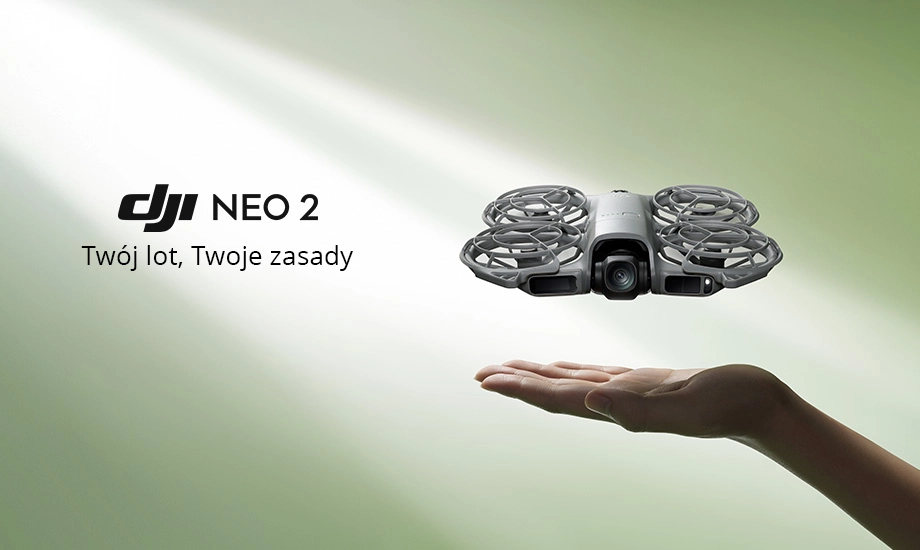 Зелений банер із дроном над рукою, а ліворуч напис DJI Neo 2 «Твій політ, твої правила»