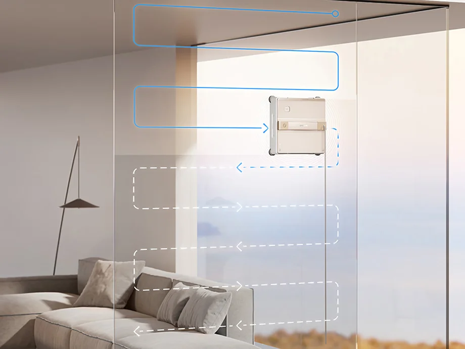 Пристрій для чищення, встановлений на великому вікні у вітальні, з візуалізацією маршруту чищення