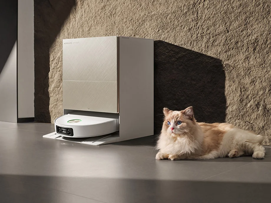 Док-станція з роботом-прибиральником біля стіни, поруч з якою лежить кіт