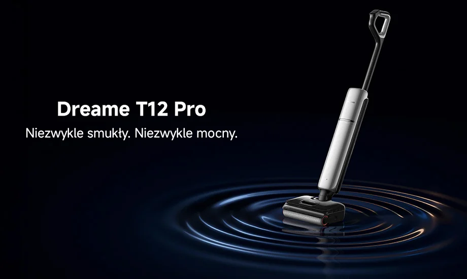 Вертикальний пилосос на темному фоні з білим текстом ліворуч: Dreame T12 Pro. Неймовірно тонкий. Неймовірно потужний.