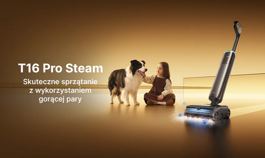 Поруч — вертикальний пилосос, дитина гладить собаку та напис: T16 Pro Steam. Ефективне прибирання за допомогою гарячої пари.