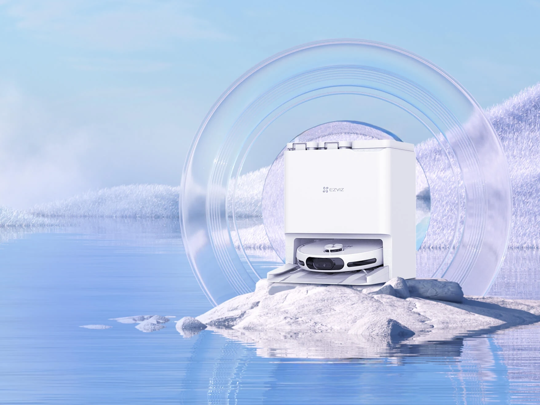 Робот-пилосос EZVIZ RS20 Pro розташований на острові, оточеному водою. На задньому плані видніються горбисті луки.