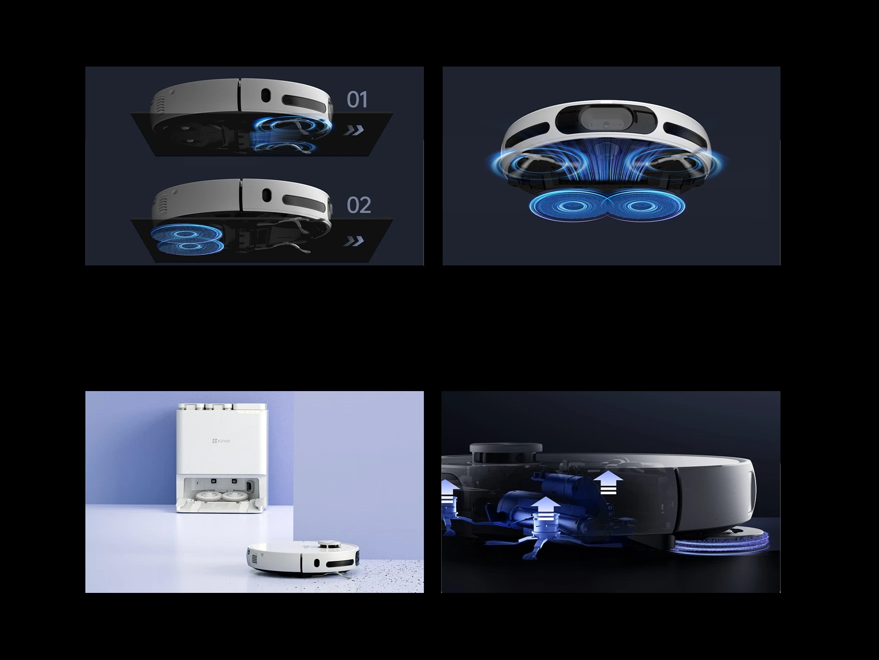 Чотири графіки режимів робота-пилососа RS20 Pro: 1. Миття підлоги після пилососіння 2. Пилососіння та миття підлоги одночасно 3. Пилососіння 4. Миття підлоги