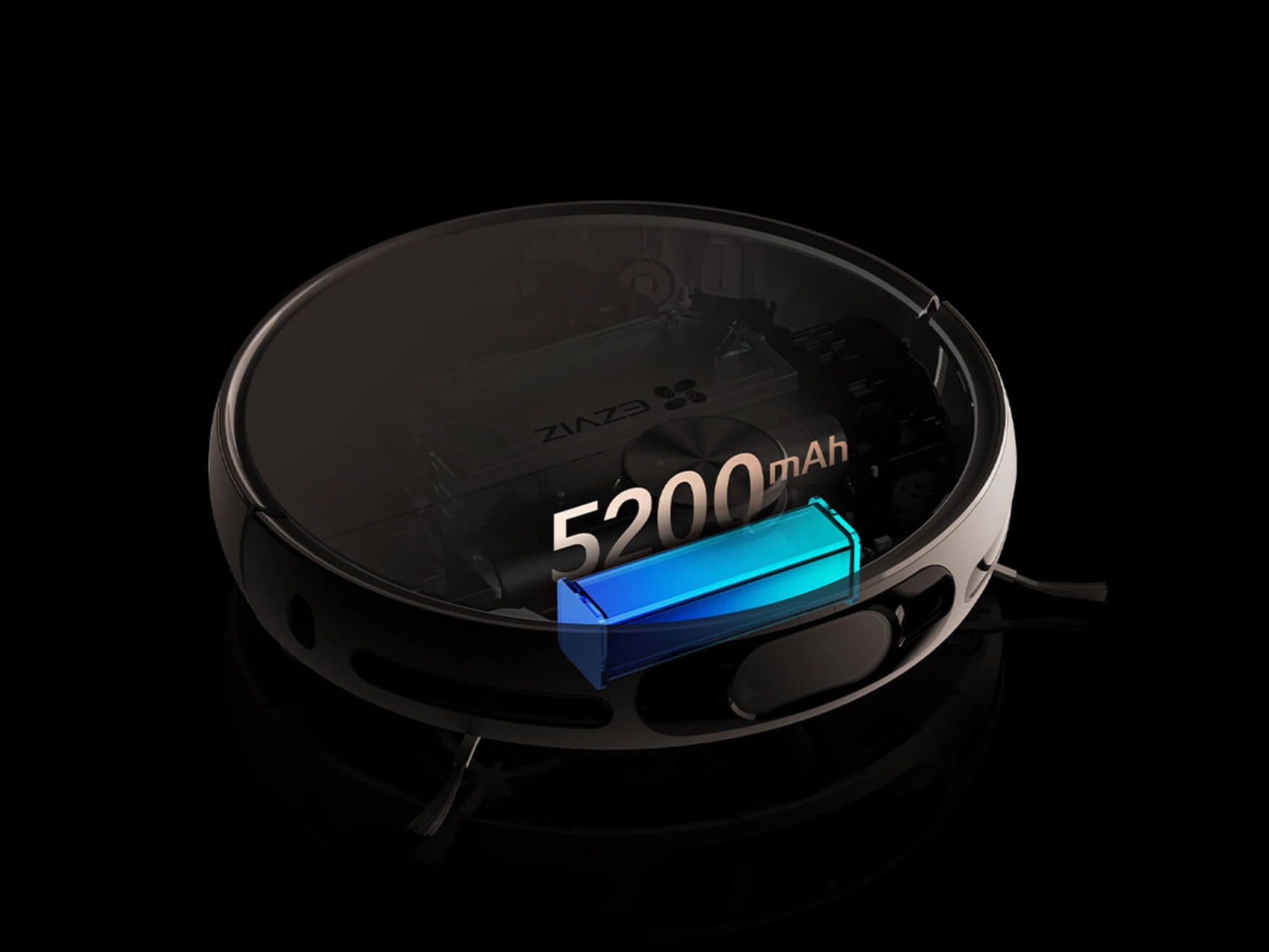 Вигляд робота-пилососа EZVIZ RS20 Pro. Видно внутрішній акумулятор робота, позначений як 5200 мАг.
