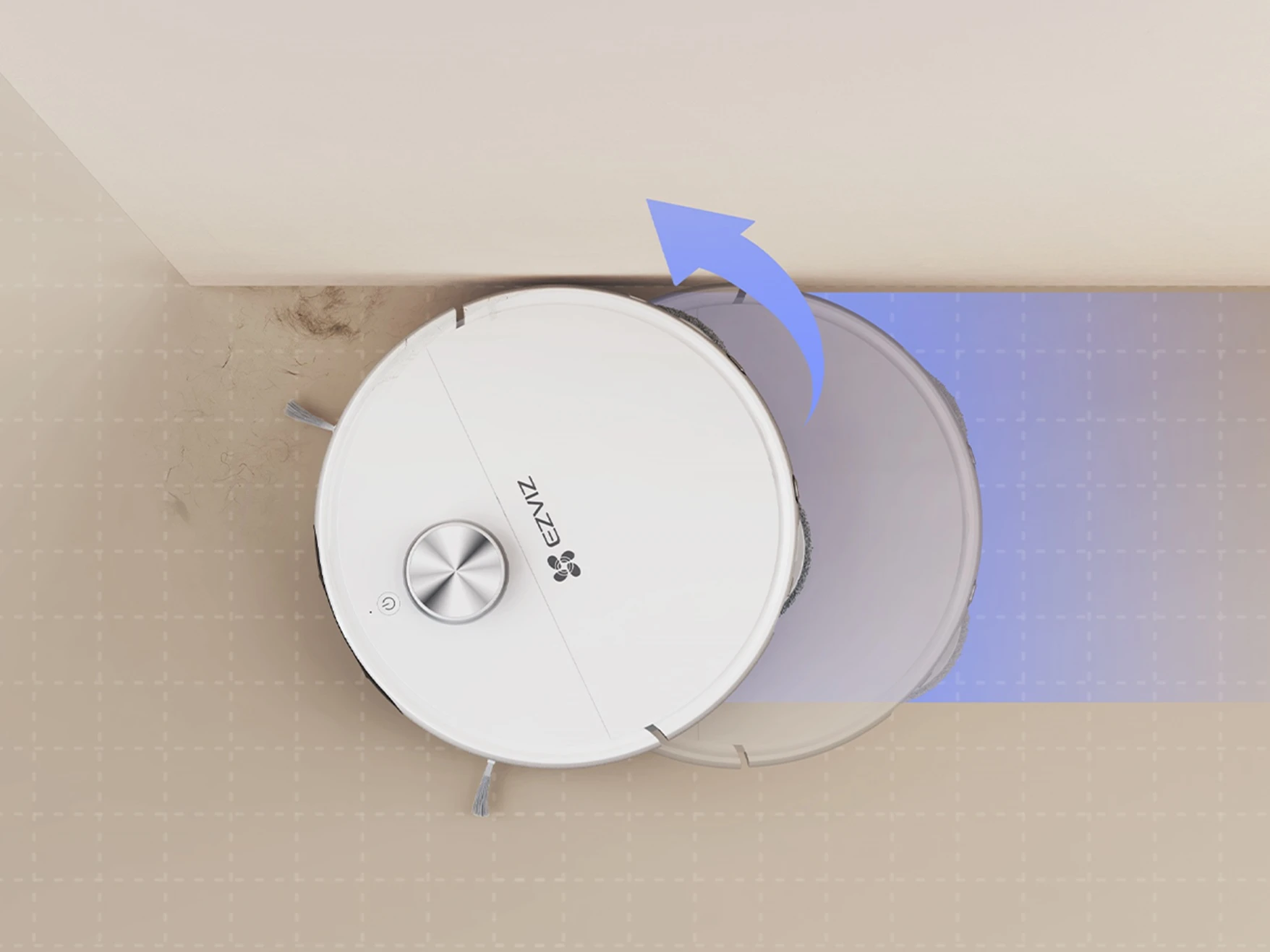 Робот-пилосос EZVIZ RS20 Pro прибирає краї. Стрілка вказує, що робот рухається до стіни.