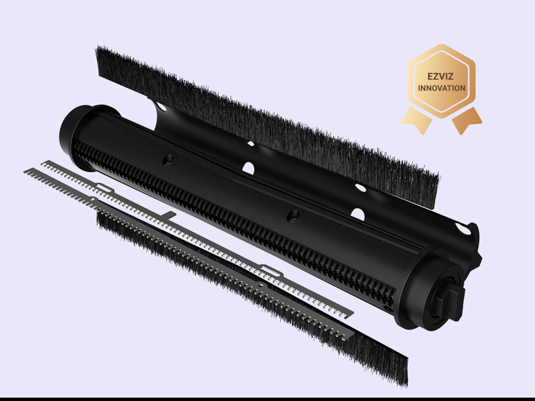 Зображення роликової щітки робота-пилососа EZVIZ RS20 Pro, розібраної на окремі компоненти. Текст EZVIZ INNOVATION.