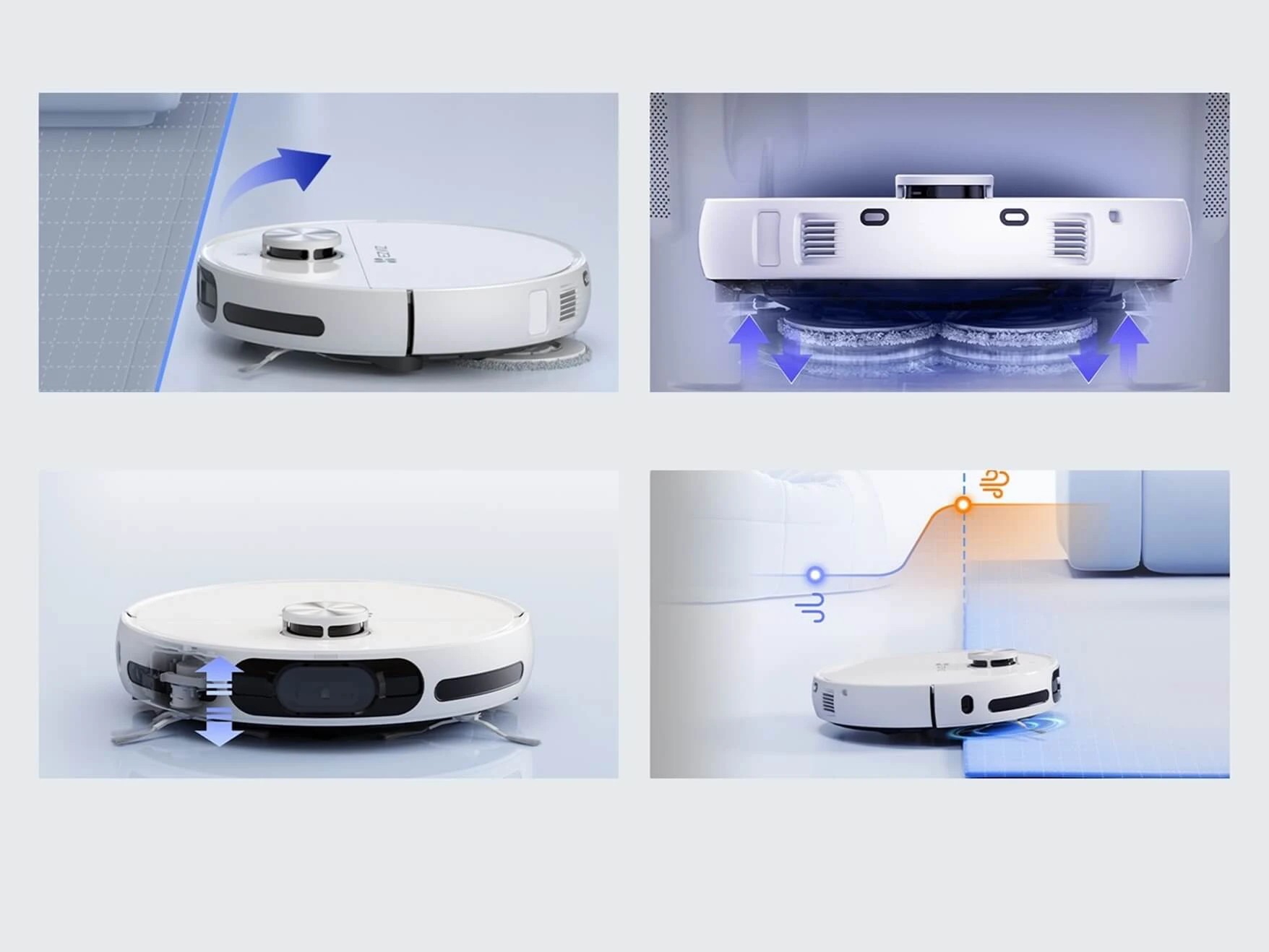 Чотири зображення робота RS20 Pro: робот відходить від килима, робот прибирає швабри, робот забирає щітки, робот повертається на килим.