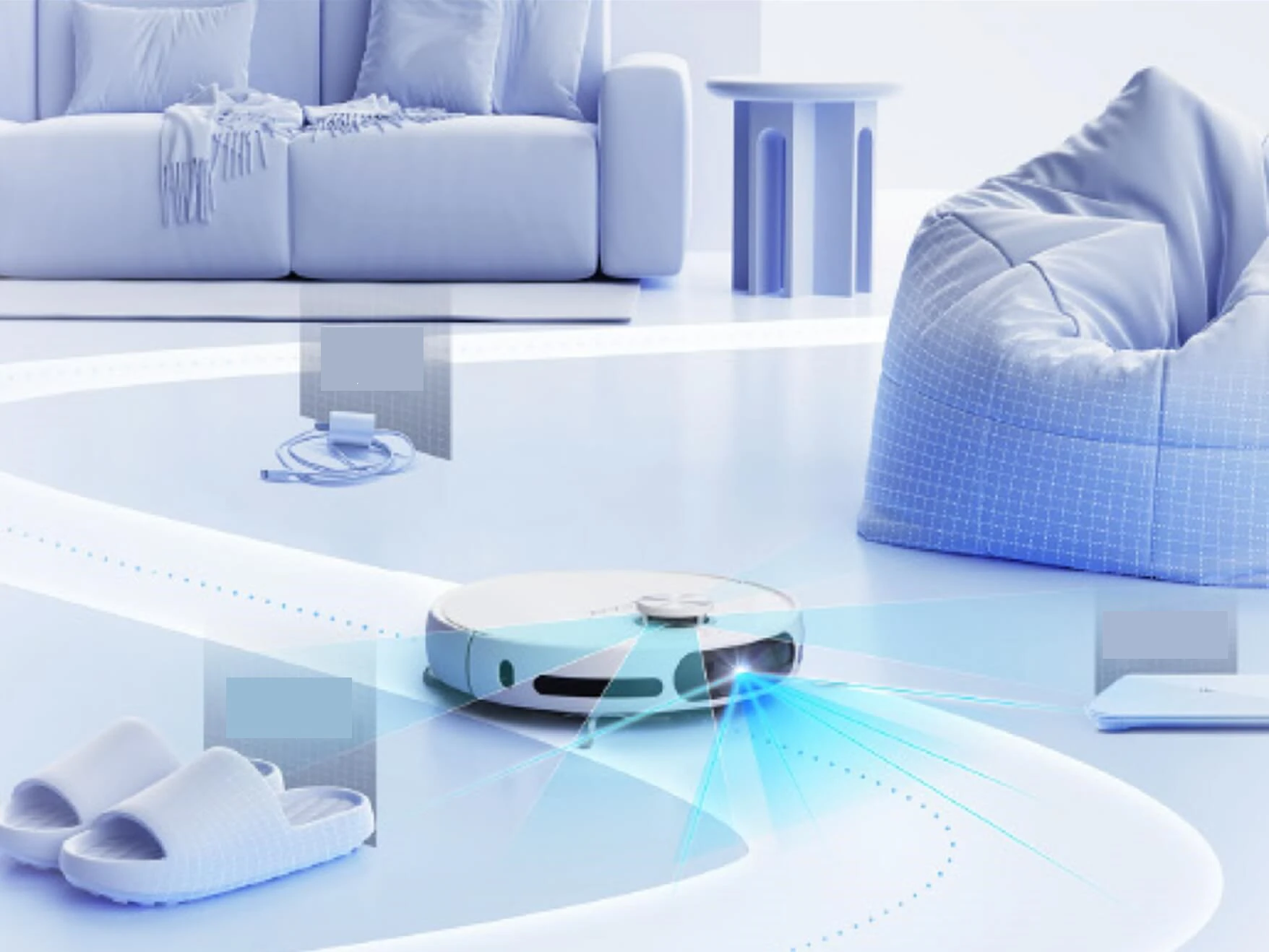 Робот-пилосос EZVIZ RS20 Pro очищає підлогу навколо предметів. Графічне зображення шляху робота.