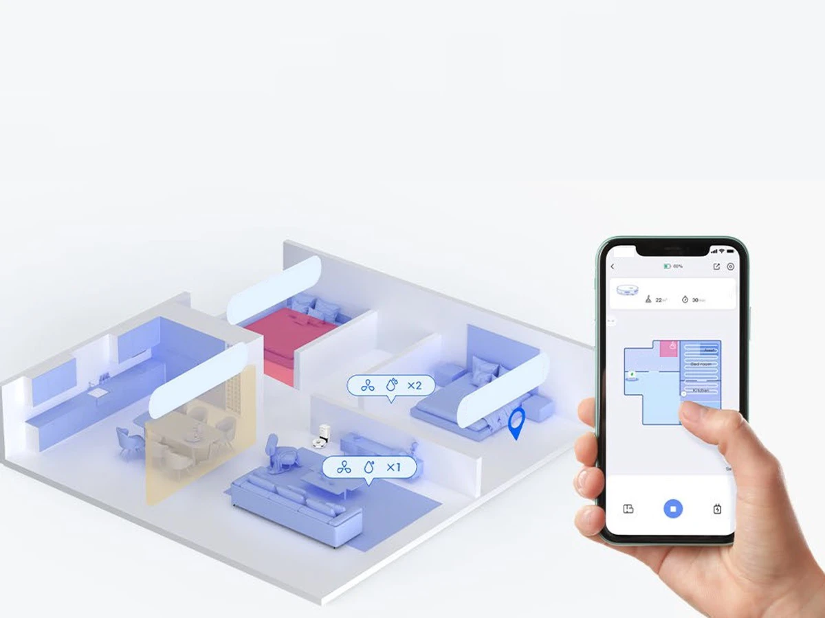 3D-карта квартири з символами, що відповідають завданням прибирання робота RS20 Pro. Поруч із нею зображено руку, яка тримає телефон.