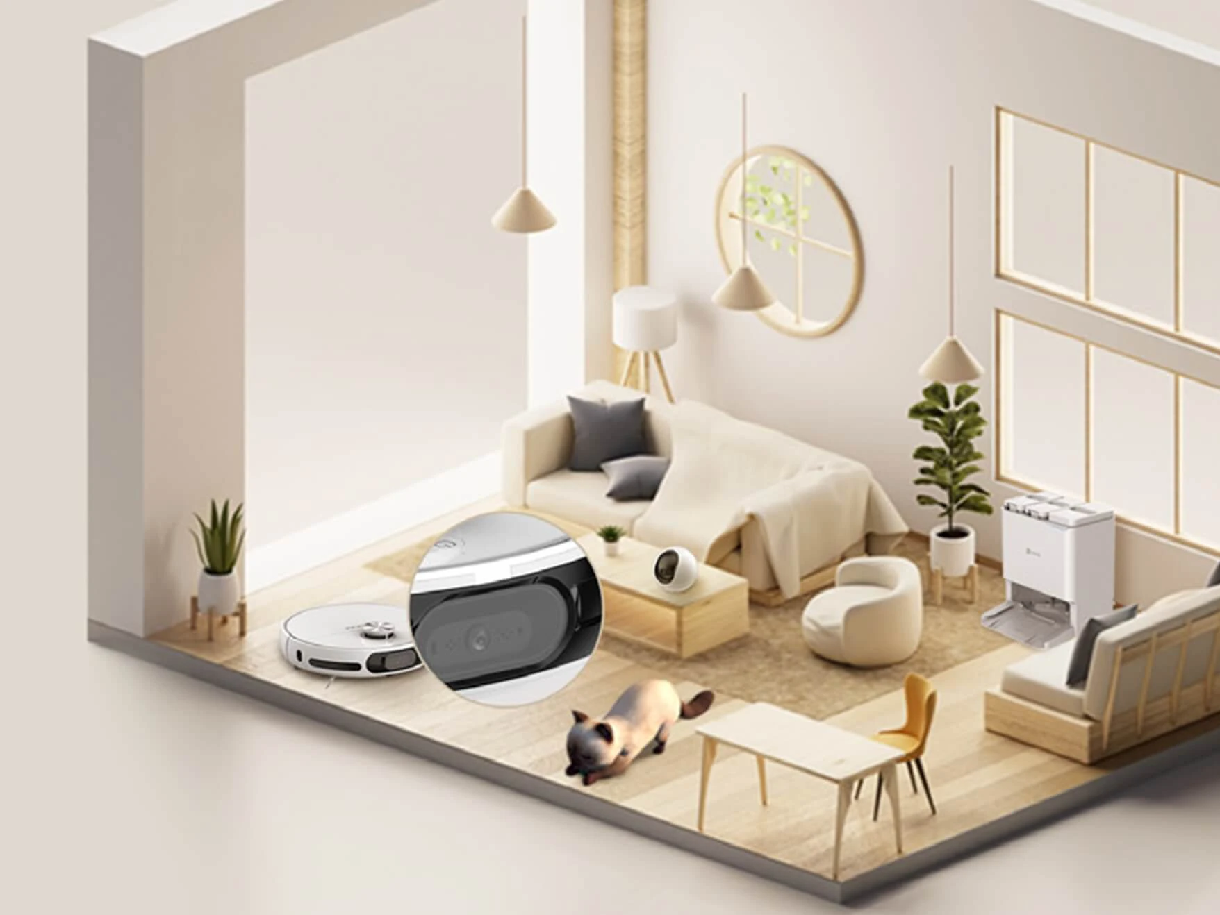 Вид зверху. Робот-пилосос EZVIZ RS20 Pro очищає підлогу в невеликій кімнаті. Крупний план об'єктива робота.