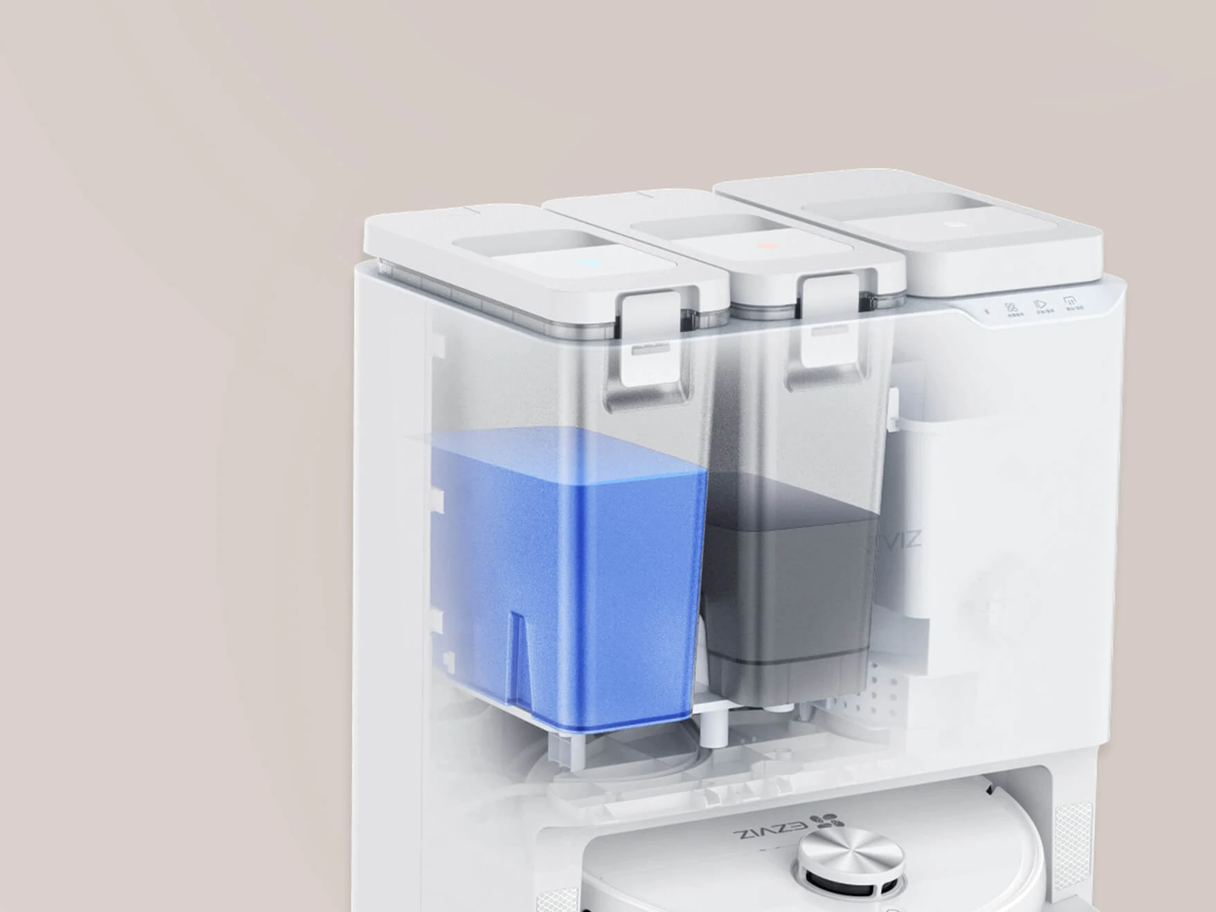 Вигляд док-станції робота RS20 Pro, на якій показано резервуари для брудної та чистої води.