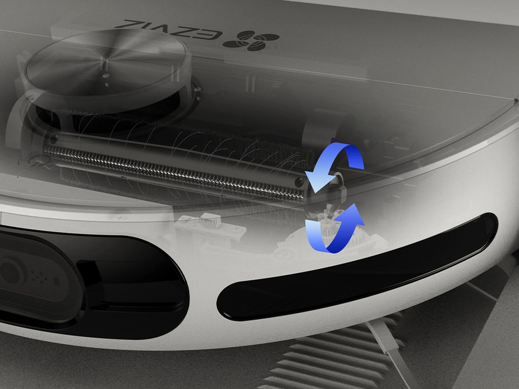 Знімок робота RS20 Pro в док-станції. Вид роликової щітки робота зі стрілками, що вказують напрямок обертання.