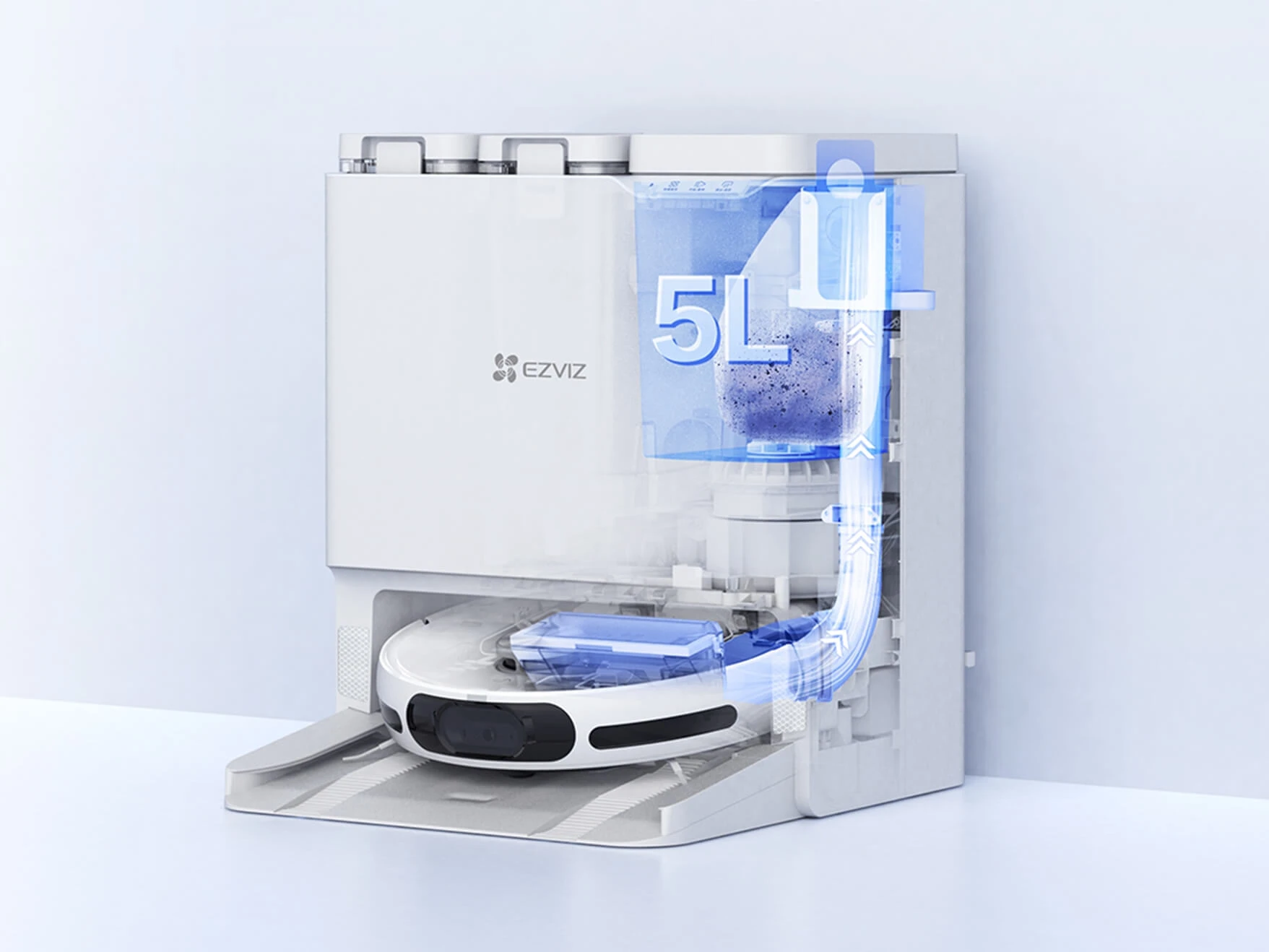 Робот-пилосос EZVIZ RS20 Pro збирає пил у п'ятилітровий резервуар на док-станції.