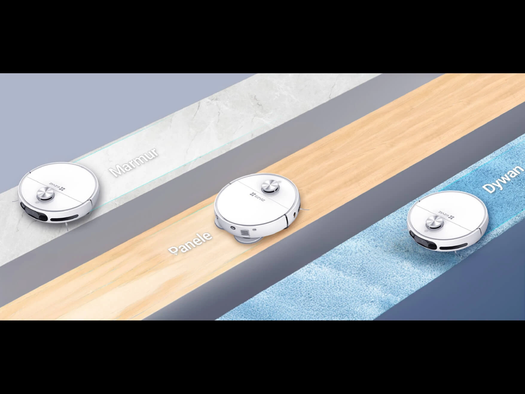 Три роботизовані пилососи EZVIZ RS20 Pro очищають три типи поверхонь: мармур, ламінат та килим.