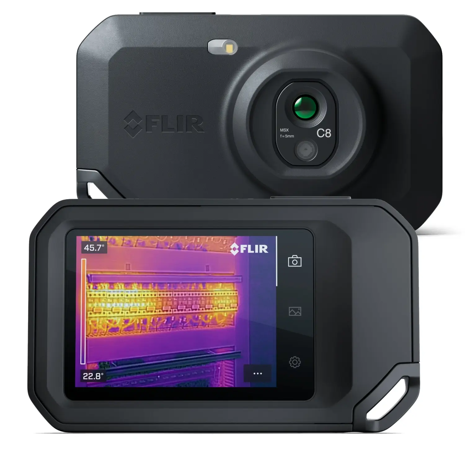 Дві чорні тепловізійні камери FLIR C8, вид ззаду та спереду камери