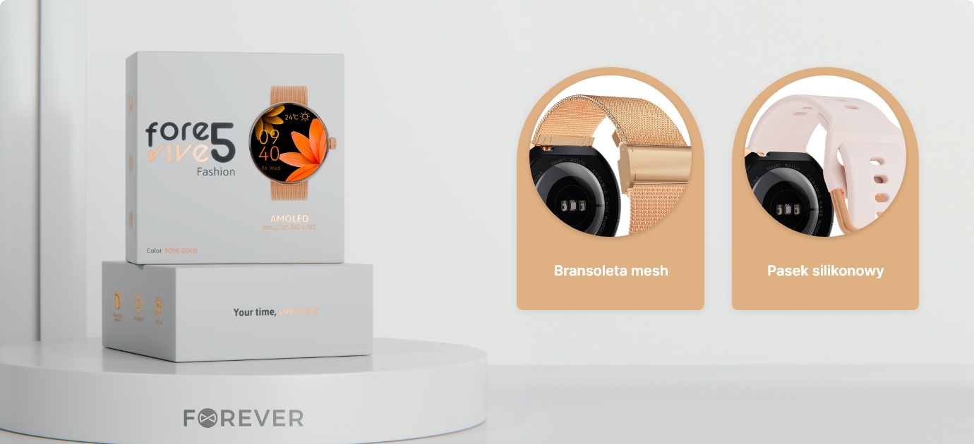 Elegancki smartwatch damski Forevive 5 Fashion z dwoma paskami