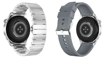 Smartwatch ze srebrną bransoletą stalową i silikonowym paskiem sportowym