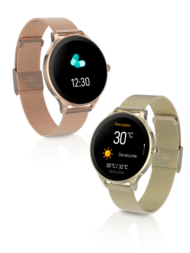 Delikatny kobiecy smartwatch z przypomnieniami o zażyciu leku i prognozą pogody