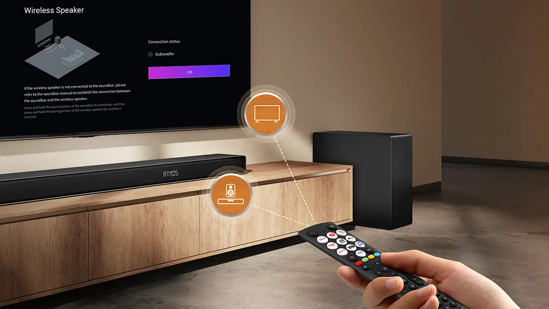 Пульт дистанційного керування в руці, спрямований на саундбар і сабвуфер AX3120Q, екран телевізора з меню підключення.