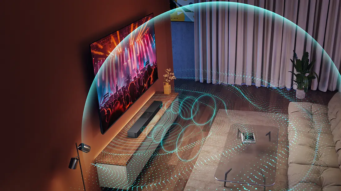 Саундбар, розміщений під телевізором, візуалізує звук у вигляді хвиль, що поширюються у вітальні.