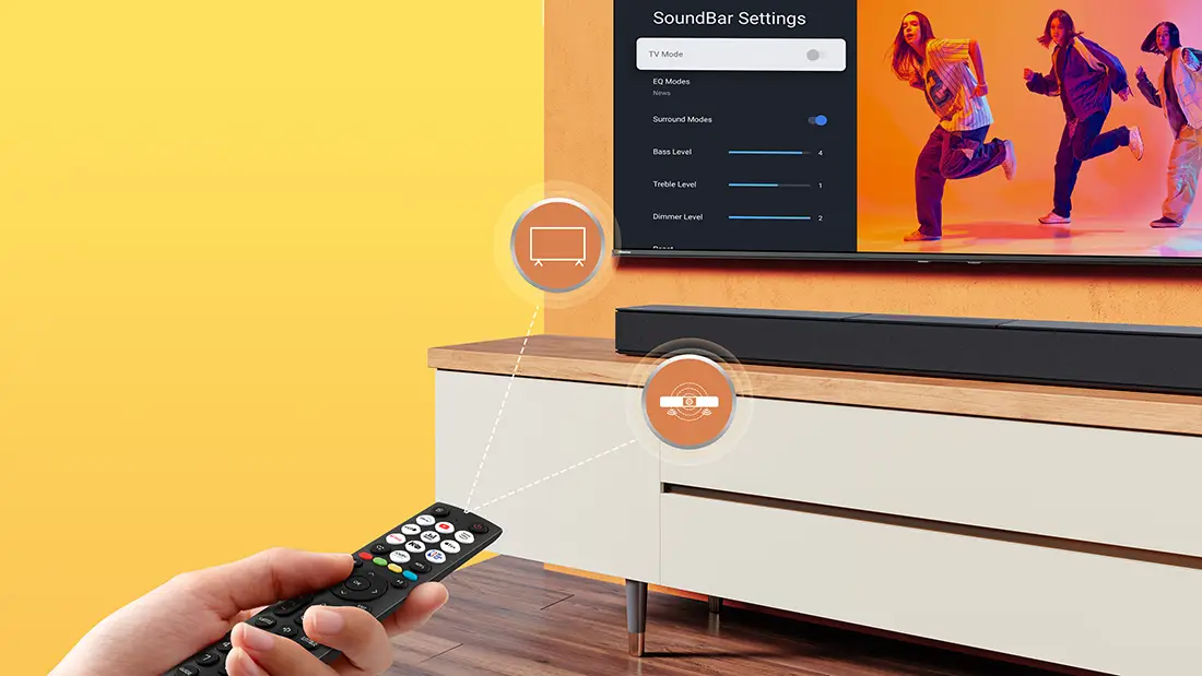 Пульт дистанційного керування спрямований на телевізор з налаштуваннями саундбара, розміщений на шафі з дерев'яною стільницею.