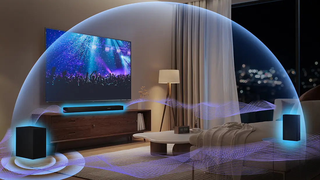 Саундбар із сабвуфером та динаміками у вітальні, оточений візуалізацією об'ємного звуку.