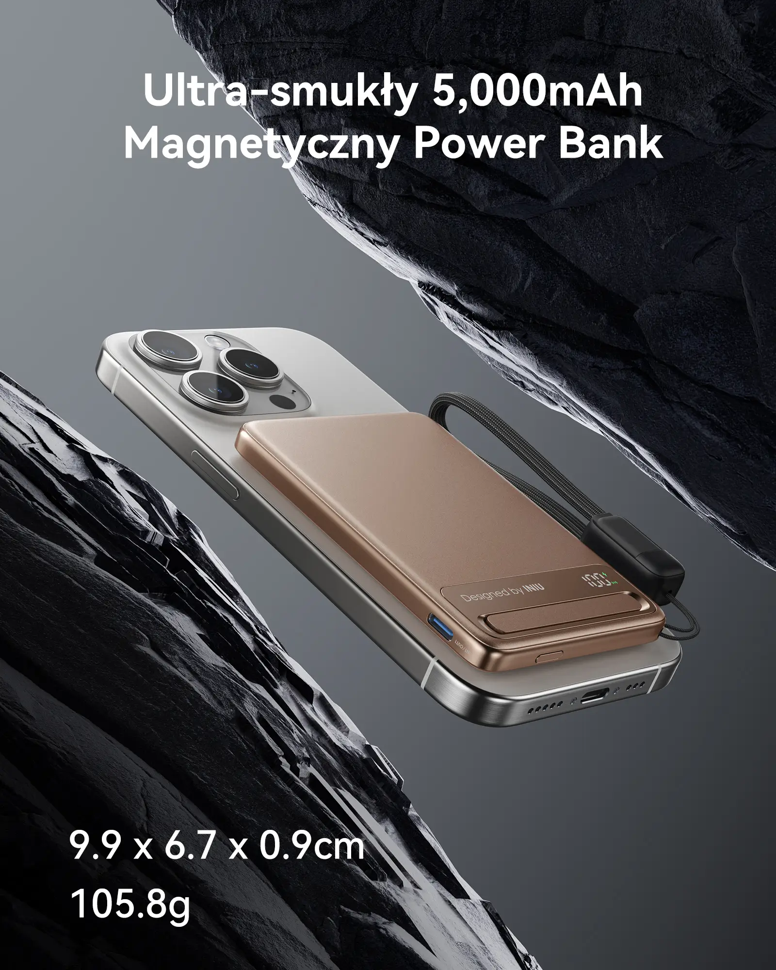 Смартфон із магнітно прикріпленим портативним акумулятором INIU MagPro Slim 5k Desert Titanium, підвішеним між двома вагами.