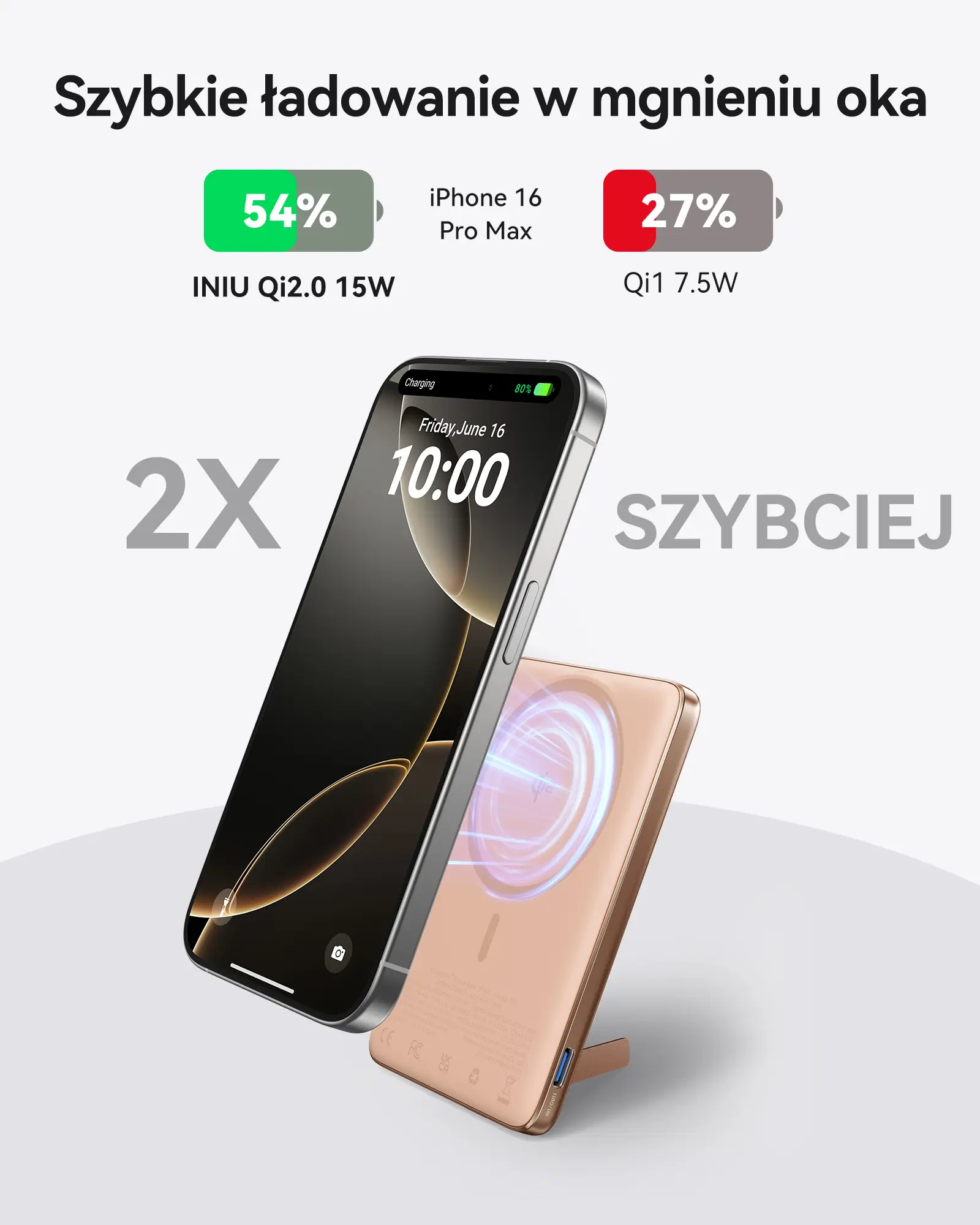 Смартфон магнітно притягується до стоячого портативного акумулятора INIU MagPro Slim 5k Desert Titanium.