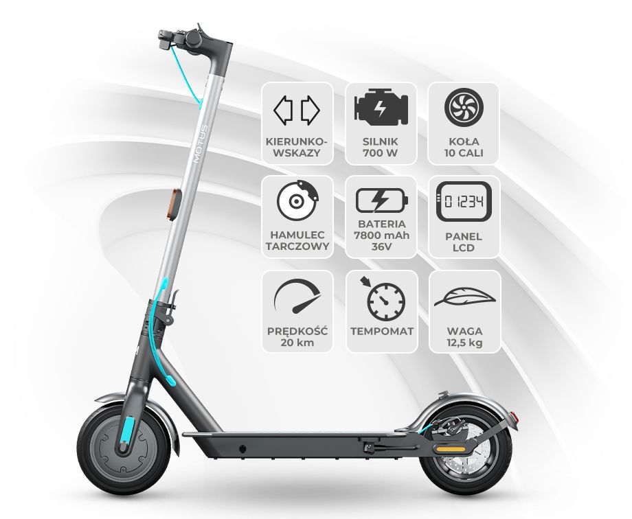 Hulajnoga Scooty 10 Lite widziana z boku wraz z ikonami najważnieszych właściwości