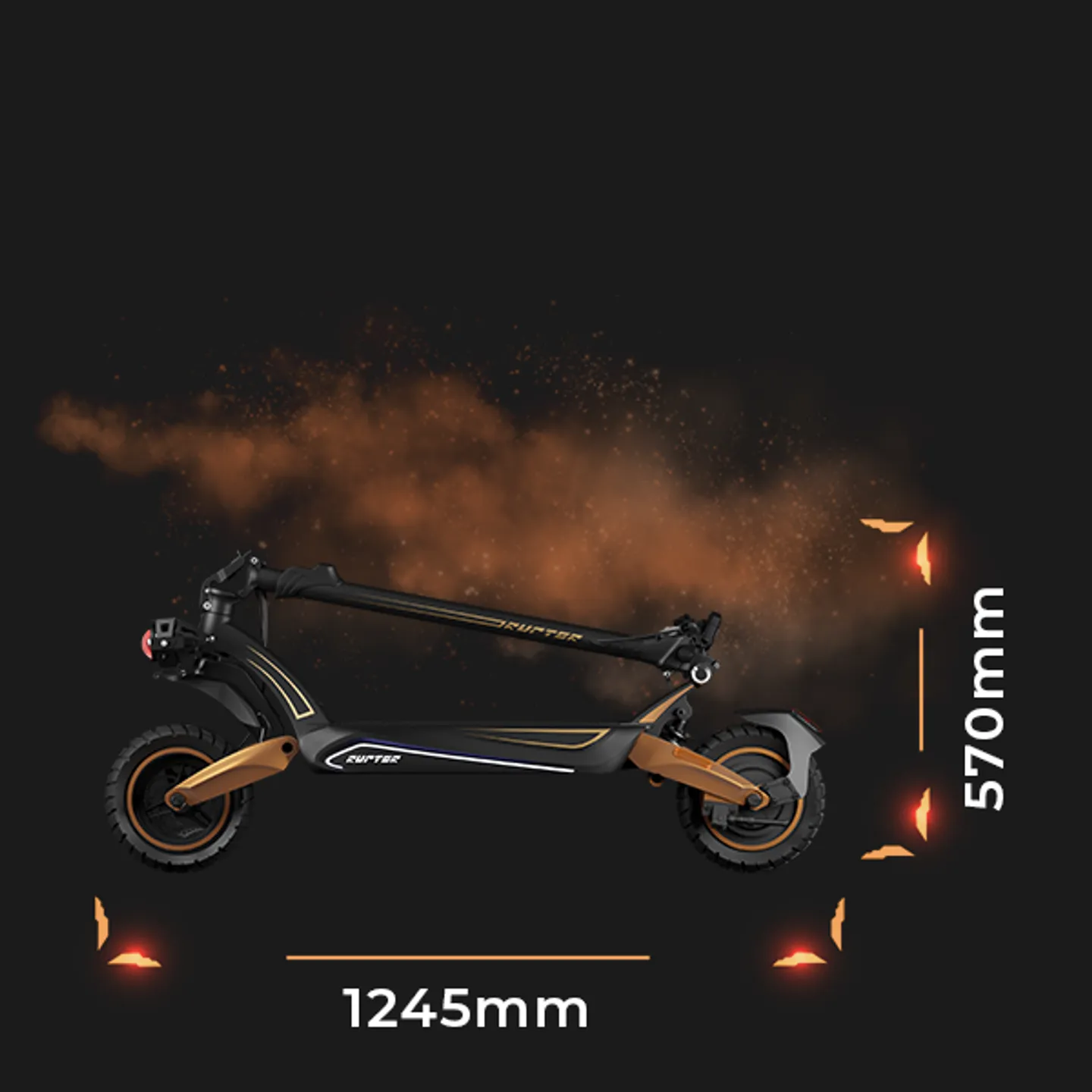 Вигляд складеного самоката Ruptor R6 з розмірами висоти 570 мм та ширини 1245 мм