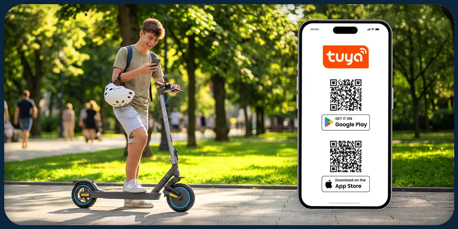 Хлопчик стоїть поруч із електричним самокатом Scooty 10 Elite у міському парку та дивиться у свій телефон.