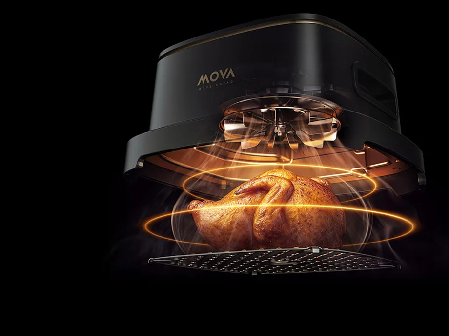 Візуалізація роботи печі з пристроєм, що випромінює тепло та світло, що зависає над смаженою куркою