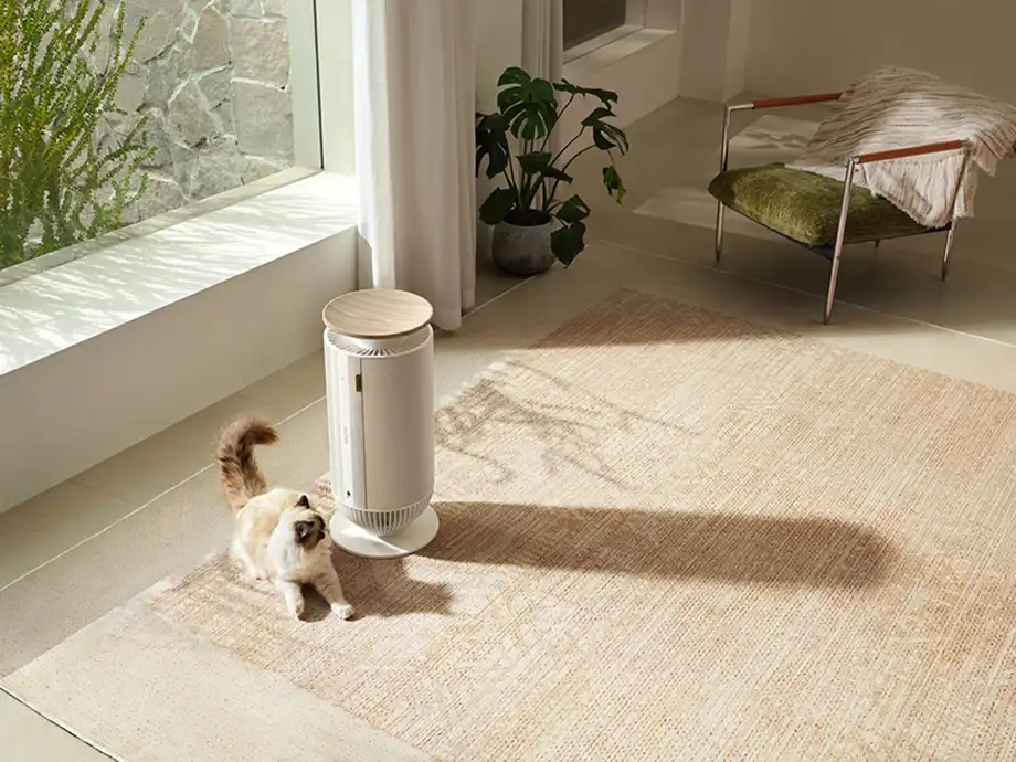 Білий очищувач повітря MOVA P10 стоїть на світлій підлозі поруч із лежачим котом у сонячній кімнаті