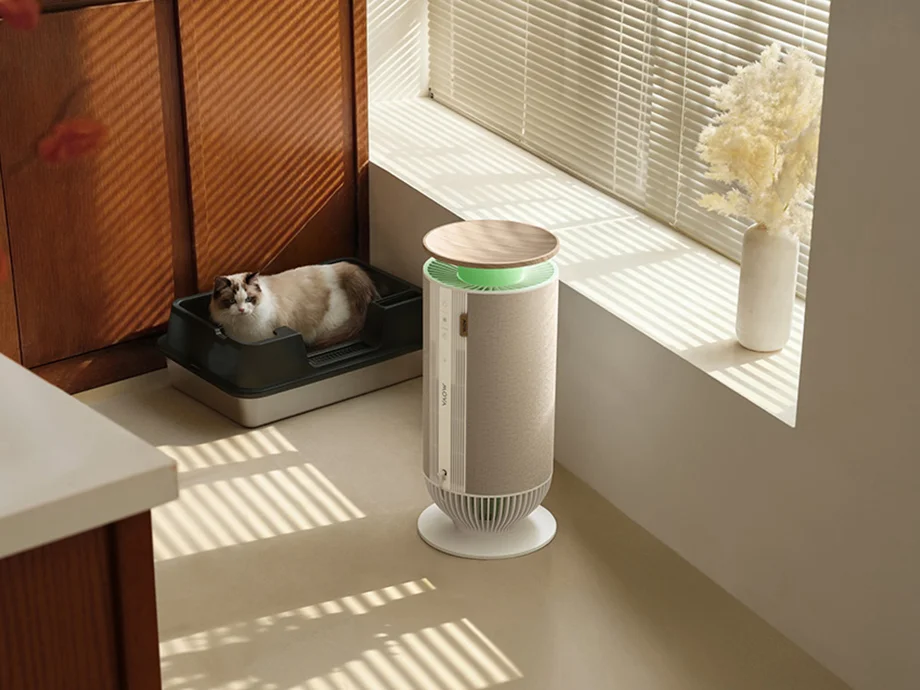 Очисник повітря MOVA P10 розміщується під вікном у світлій кімнаті, поруч із лотком, де сидить кішка.