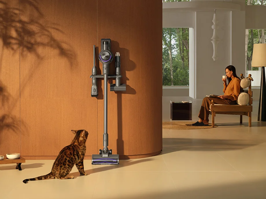 An upright vacuum cleaner with accessories mounted on a wall bracket, a cat standing next to it, and a woman sitting on a chair in the background.