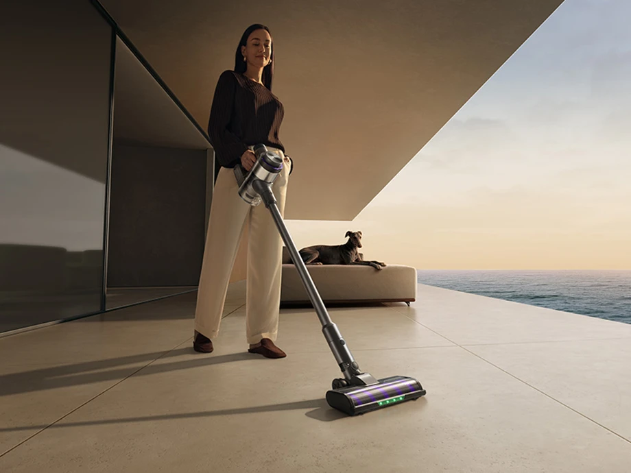 An upright vacuum cleaner is held by a woman on a terrace overlooking the sea, with a dog lying next to it.