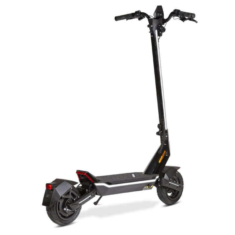 Розкльошений електросамокат ззаду, що підтримується підставкою.