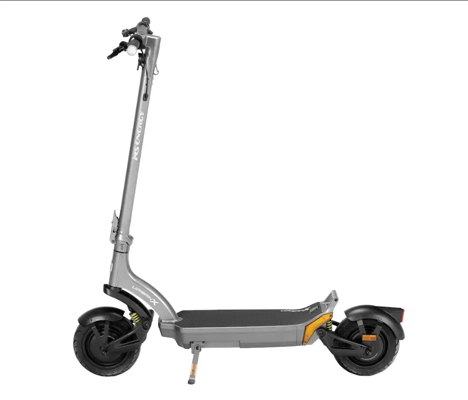 Сірий електричний самокат Urban X з іншого боку, що стоїть на підставці.