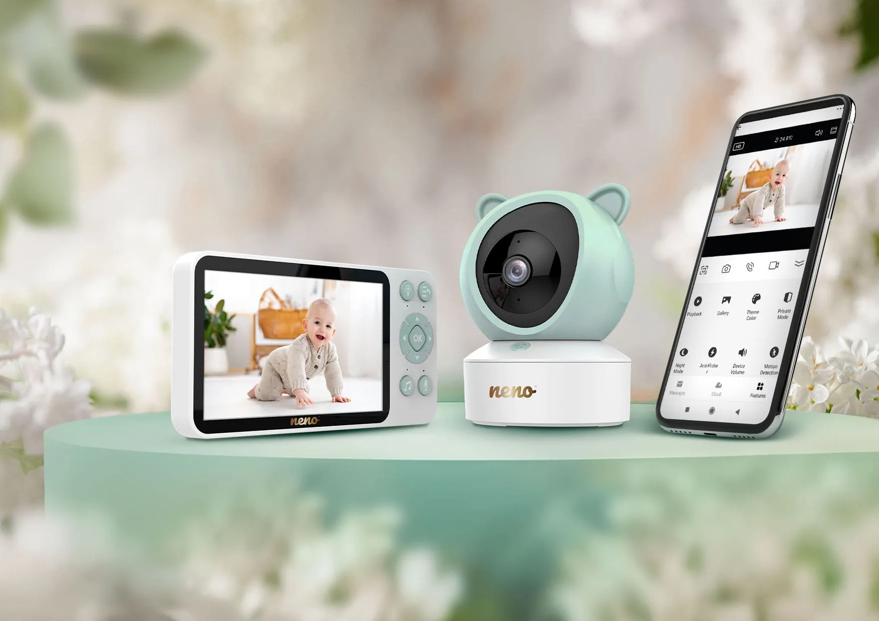 Відеоняня Neno Ivo з приймачем та попереднім переглядом смартфона, на квітчастій платформі