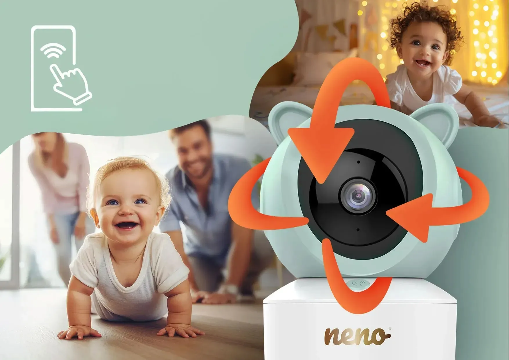 Відеоняня Neno Ivo з обертовою головкою, керована за допомогою застосунку, на задньому плані з дітьми та їхніми батьками