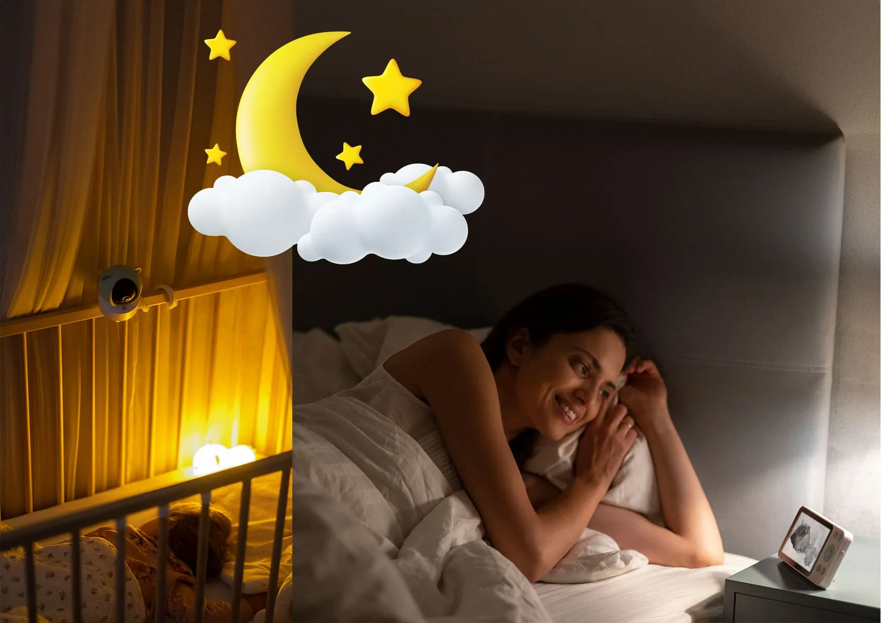 Спляча дитина в ліжечку, мати спостерігає через приймач Neno Ivo