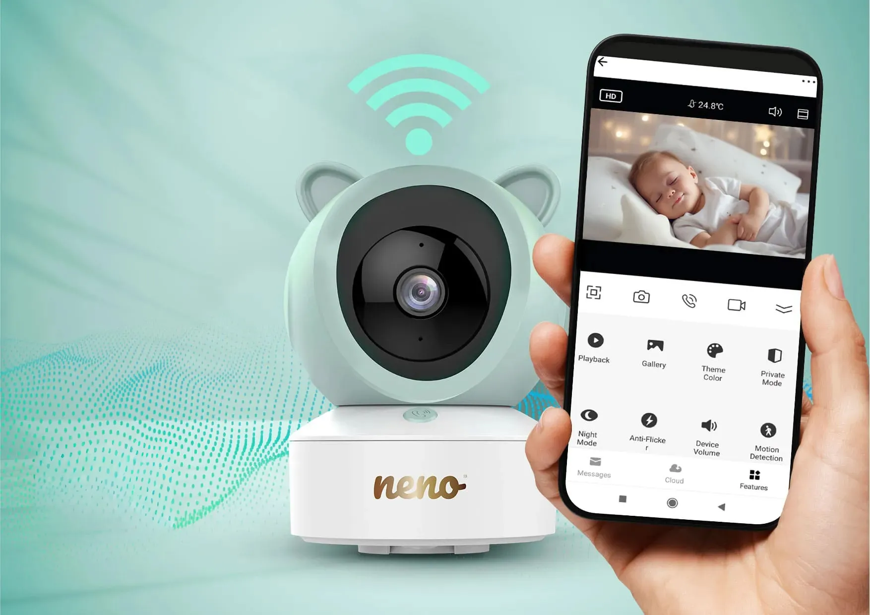 Neno Ivo – обертовий відеоняня з приймачем та попереднім переглядом смартфона