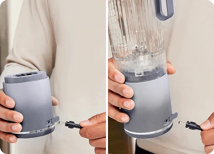 Руки вставляють штекер зарядного пристрою в порт на дні блендера Ninja Blast Max BC251EU з глечиком та без нього.