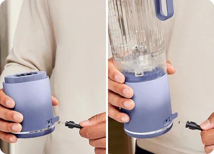 Руки вставляють штекер зарядного пристрою в порт на дні блендера Ninja Blast Max BC251EU з глечиком та без нього.