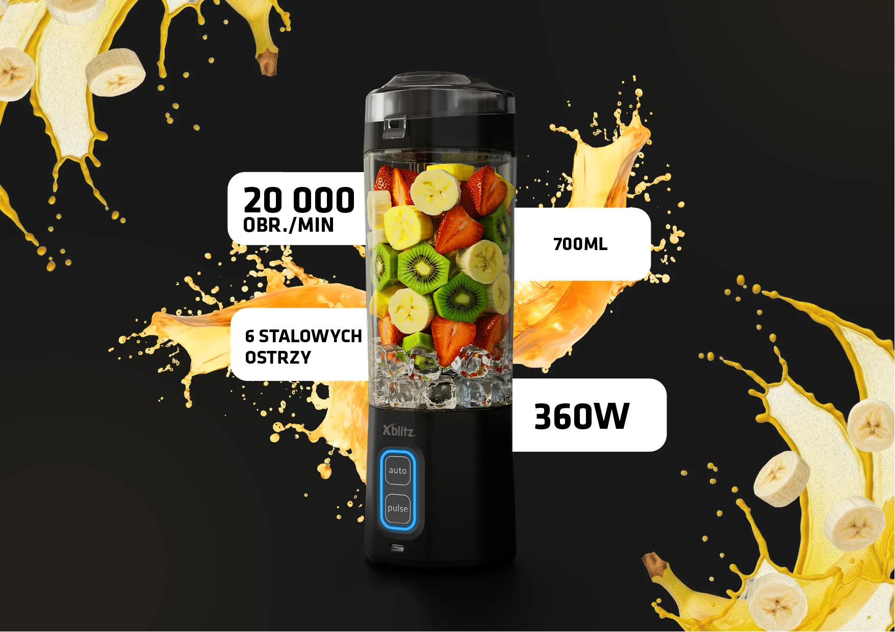 Blender kielichowy z owocami i lodem, grafika z parametrami: 20000 obr./min, 700 ml, 360 W, 6 ostrzy