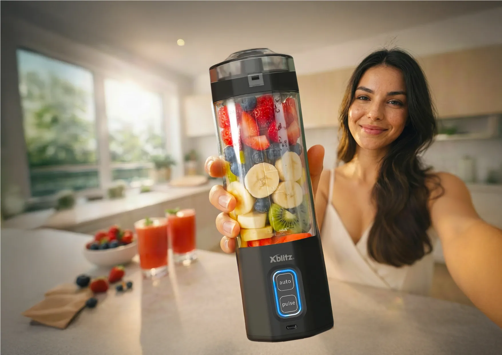 Kobieta prezentuje blender z owocami w jasnej kuchni, w tle gotowe koktajle i świeże składniki