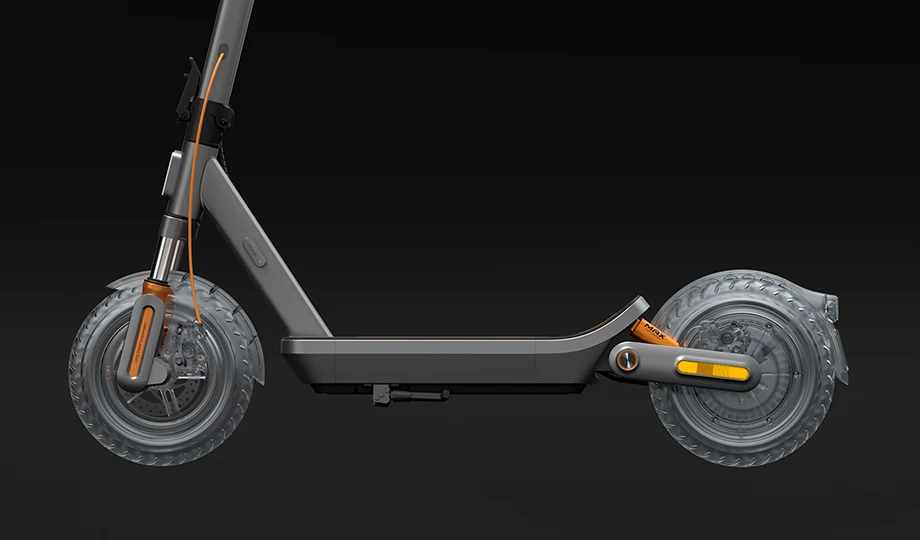 Електричний самокат Xiaomi 6 Max, вид збоку з прозорими колесами та гальмівною системою