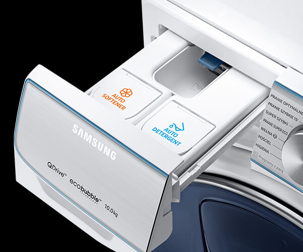 Dozownik w pralkach Samsung automatycznie dobiera odpowiednią ilość detergenu tak, by za każdym razem zapewnić doskonałe efekty prania